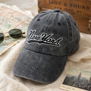 Vintage 90s New York Distressed Dad Hat | Charcoal Gray Embroidered Cap